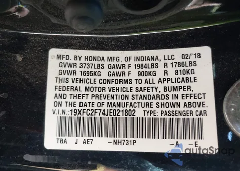 2018 Honda Civic Ex z USA, uszkodzony, nr VIN 19XFC2F74JE021802